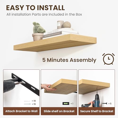 Acovy 36 Inch Floating Shelves, 12 Inch Deep Floating Shelves for Wall, Floating Shelf with Invisible Brackets, Deep Shelves for Bathroom, Bedroom, Living Room, 2 Pack, Natural