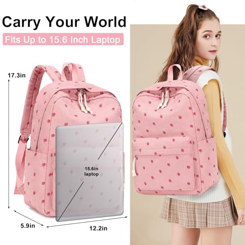 LOIDOU Schulrucksack Mädchen & Jungen Teenageralter Leichter Rucksack Damen für Schule Wasserabweisend Daypack Bookbag Colleg Work (Strawberry rosa Cord)
