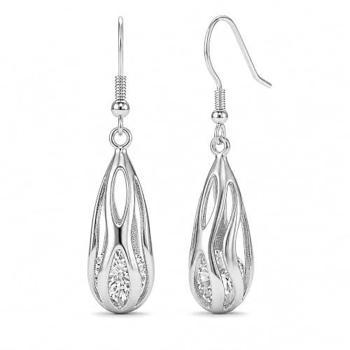 Image of GINFNWA Rhodium Plated Silver Hook Filigree Teardrop Dangle Dorp Earrings for Women with 4pcs Rhinestone Inside 1.6in Long Shiny/hypoallergenic (Western)