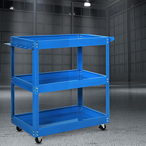 Traderight Tool Cart Trolley 3-Tier Toolbox Workshop Garage Storage Organiser with Wheels, Steel Utility Rolling Cabinet for Mechanics, 150 kg Load Capacity, Lockable Drawers, Blue