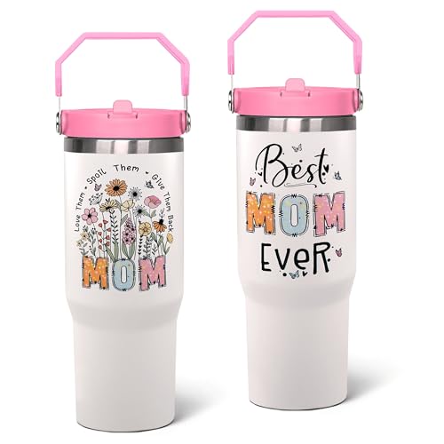 qwpmvhsak Mothers Day Gifts from Daughter Birthday Gifts for Mom,30 oz Mom Tumbler with handle Lid and Straw,Best Mom Ever Vacuum Insulated Travel Coffee Mug CupTumbler