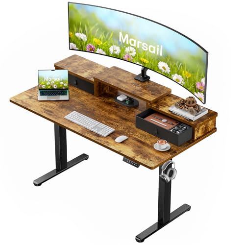 Deal: Marsail 55″ x 28″ Electric Standing Desk with Drawers, Height Adjustable Sit Stand Up Desk with Storage Shelf, Ergonomic Home Office & Computer Table with 4 Memory Heights, Rustic Brown