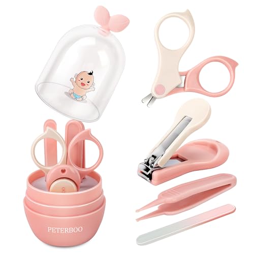 Baby Nail Kit, Peterboo 4-in-1 Baby Nail Care Set with Cute Sapling Case, Baby Nail Clippers, Scissors, Nail File and Tweezers, Baby Manicure and Pedicure kit for Newborn, Infant, Toddler, Kids（Pink）