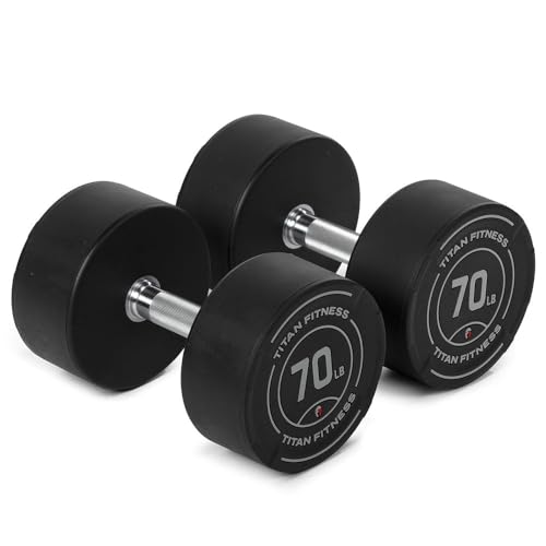 Titan Fitness 70 LB Set Round Urethane Dumbbells, Medium Volcano Knurling, 33mm Grip, Easy-to-Read Weight Indicators, Free Weights for Strength Training