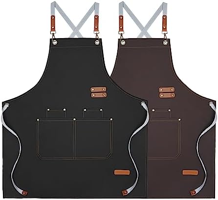 LELE LIFE 2Pcs Waterproof Canvas Chef Apron, Adjustable Cross Back Aprons for Men Women with 4 Pockets, Apron for Kitchen