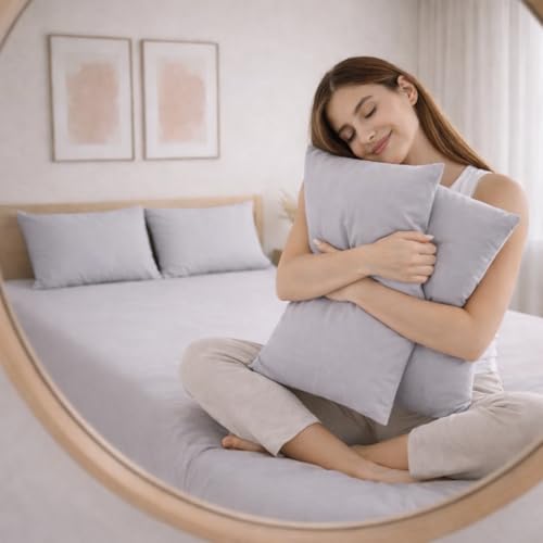 Image of THE HOME STYLE Solid Plain Cotton Feel Fitted Bedsheet (72x78 inches) with Reversible Comforter (90x100 inches) | King Size | 2 Pillow Covers | 300 TC | 4-Piece Bedding Set (Pearl Grey)