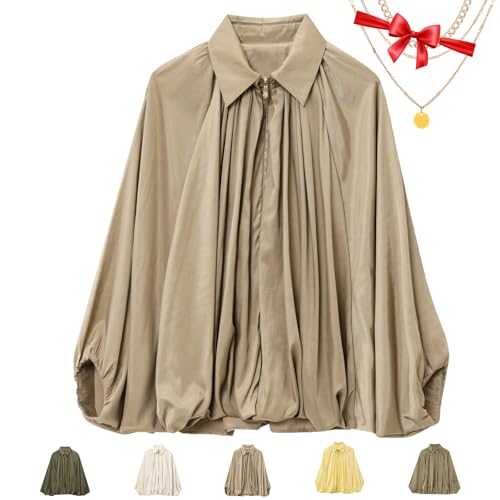 Balloon Sleeve Jacket, Casual Outerwear, Women's Puffed Bomber Jacket, Collar Zip Front Pleated Shirts