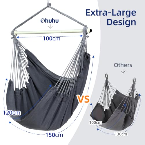 Hanging Chair Cotton Hammock Chair, Ohuhu XL Portable Swing Chair Support Bar Side Pocket for Indoor Outdoor Patio, Max Weight 150kg, Dark Grey,No pillows snd accessories
