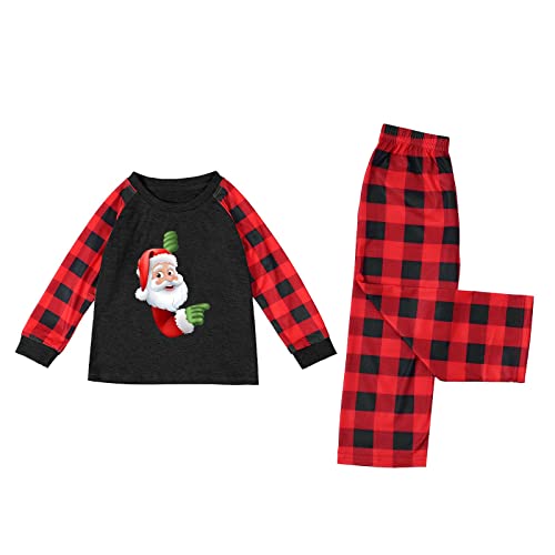 Passender Familien-Weihnachtspyjama mit karierten Ärmeln, niedlichem Musterdruck, Festival für Erwachsene und Kinder, Eltern-Kind-Outfit Weihnachtspullover Partnerlook Familie (Black, 4-5 Years) Cover