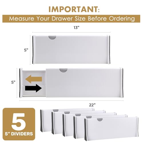 RAPTUROUS Adjustable Deep Drawer Divider – 5" Tall, Expandable 13-22", 5-Pack, Non-Slip Drawer Dividers for Clothes, Dresser, Kitchen & Office Organization (White) - Image 3