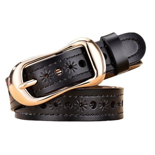 Women's Stitched Skinny Belt Carved Hollow Flower 2.5cm Thin Leather Strap with Gold Buckle for Pants Jeans Dress