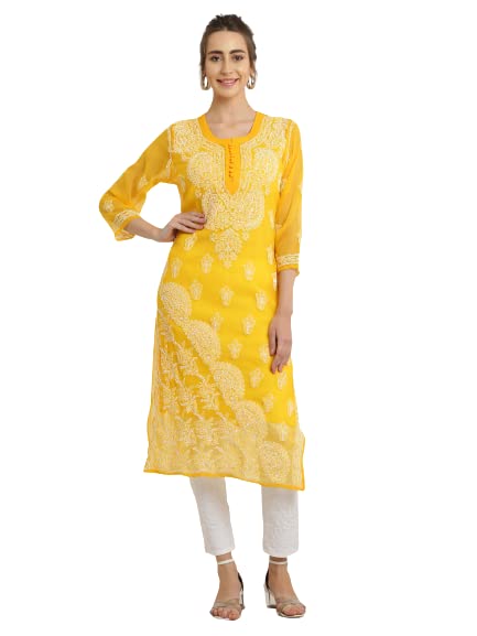 Image of FAWOMENT Women's Designer Straight Georgette Hand Embroidered Lucknowi Chikankari Kurta Designed in Side Jhaar Pattern Alongwith Slip