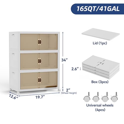 SAILUN 146QT/36Gal Stackable Storage Bins with a Lid, Collapsible Storage Bins With Doors, Folding Cabinet for Home Closet Organization,3 Pack-19.7" W x 12.6" D x 34" H White by SAILUN - Image 2