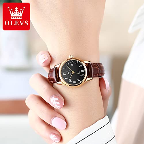 Olevs Watches For Women Leather Watches For Women Black Fack Dress Brown Women's Wrist Watches Small Classic Luminous Waterproof Ladies Watches Simple Arabic Numeral Easy Ready Female Watches #TOP29