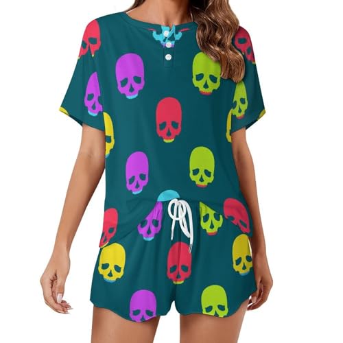 Pyjama ensemble femme crâne violet jaune à manches courtes pour nuits d'été