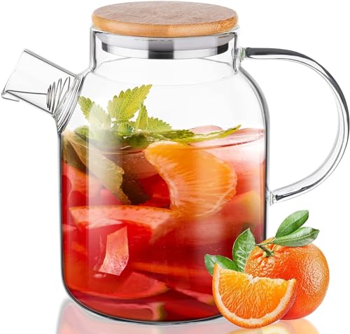 Glivaro 1.8Liter Borosilicate Glass Tea Pot with Removable Filter & Bamboo Lid, Teapot Stovetop Safe Tea Kettle Maker Perfect for Tea and Coffee