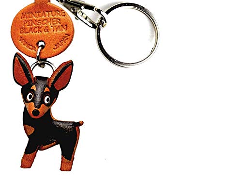 Miniature Pinscher Black&Tan Leather Dog Small Keychain Vanca Craft-Collectible Keyring Charm Pendant Made In Japan #TOP2