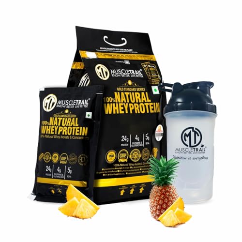 Image of MuscleTrail Gold Standard Series, 60 Pouches, Low Carb & Fat, 24G Natural Whey Protein Powder, Shaker Inside (1.86Kg, Pineapple Mint)