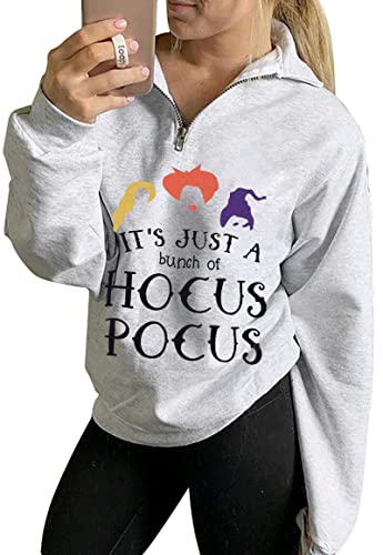 Halloween Sweatshirts For Women Halloween Graphic Long Sleeve Shirt Half Zipper Lapel Casual Pullover Top Gray #TOP19