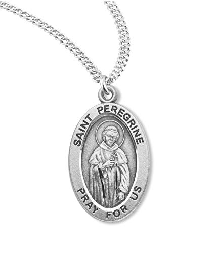 (7 7/18) BERTOF Saint Peregrine Sterling Silver Medal 7/8" Oval with Chain & Copyrighted Paul Herbert Blessing SILPATRON Series