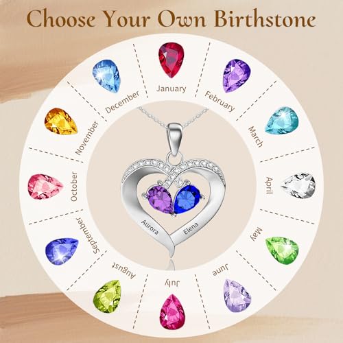 925 Sterling Silver Custom Birthstone Name Necklace Engraved Heart Charm with Your Names - Ideal Gift for Women Mother’s Day Anniversaries College Graduation3