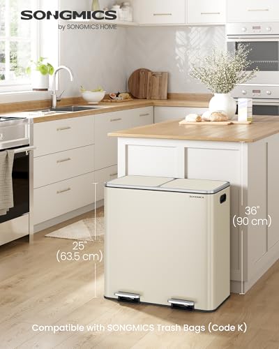 Image of SONGMICS Trash Can, 2 x 10.6 Gallon (2 x 40 L), Almond Color | with 15 Trash Bags, 2 Compartments, Plastic Inner Buckets and Hinged Lids, Airtight, Almond Color ULTB730A01V1