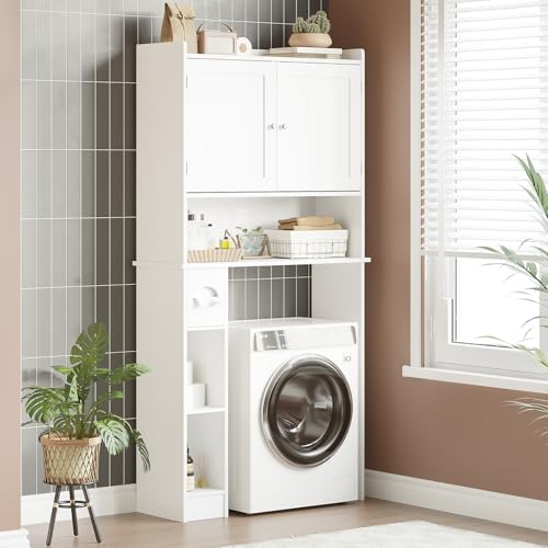 Over The Toilet Storage Cabinet with Toilet Paper Holder Double Door Bathroom Organizer with Adjustable Shelves Freestanding Bathroom Shelf Toilet Storage Cabinet Space-Saving Toilet Rack, White