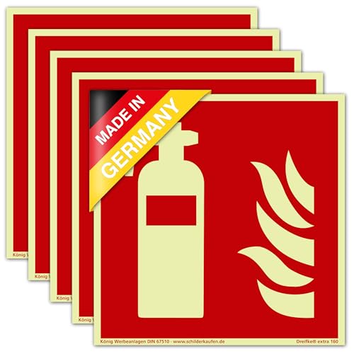 5 Schilder Feuerlöscher | extra langnachleuchtend | PVC selbstklebend 148x148mm | DIN EN ISO 7010 F001 | DIN 67510 (Brandschutzzeichen) Dreifke® extra 160