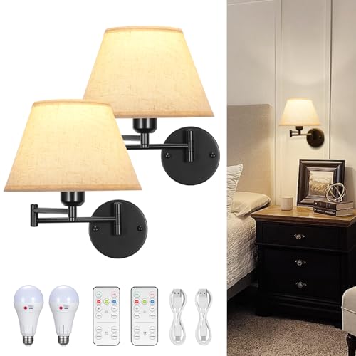Glitnous Battery Operated Wall Sconce, Swing Arm Wall Sconce, Wall Sconces Battery Operated, Set of 2 Rechargeable Wall Sconce, No Wiring Dimmable Wireless Wall Sconce/Lamp for Bedroom(Medium)