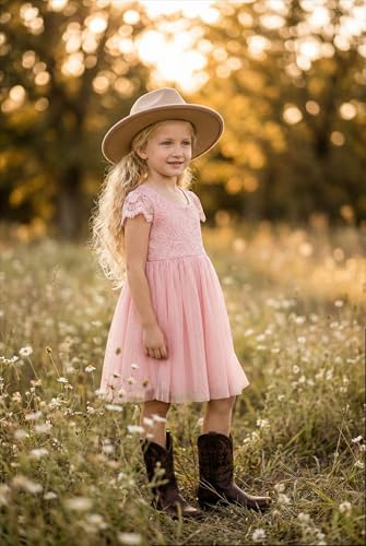 2Bunnies Girl Paisley Lace Back A-Line Tutu Tulle Party Flower Girl Dresses (Short Sleeve Knee-Dusty Pink, 5)