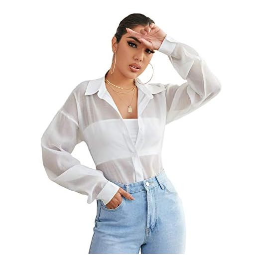 SheIn Women's Sheer Button Down Top Long Sleeve Collar Drop Shoulder Blouse Shirt White Small