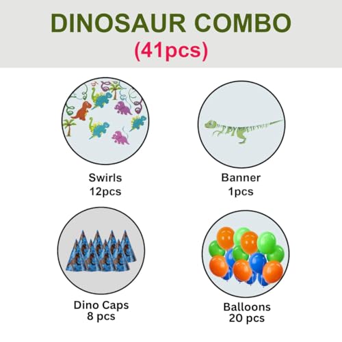 Image of WP WANNA PARTY Dinosaur Theme Birthday Decoration Combo for Dinosaur Party, Jungle Animal Theme Party- Dinosaur Swirl Hanging, Dinosaur Hats and Green,Orange and Blue Balloons-41 Pieces