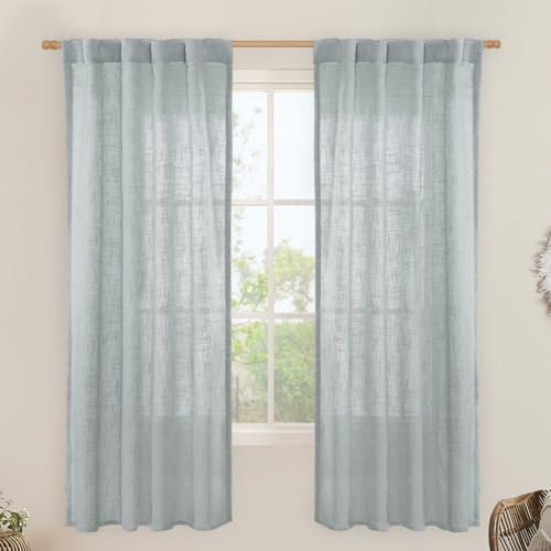 LAMIT Greyish Blue Linen Curtains for Bedroom, 72 Inch Length Light Filtering Semi Sheer Panels Back Tab and Rod Pocket Neutral Drapes for Living Room, 2 Panels, 34 x 72 Inch