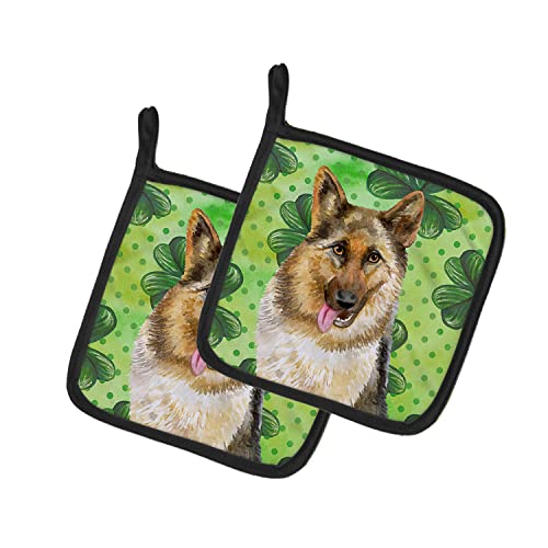 Caroline's Treasures BB9828PTHD German Shepherd St Patrick's Pair of Pot Holders, Green Kitchen Heat Resistant Pot Holders Sets Oven Hot Pads for Cooking Baking BBQ, 7 1/2 x 7 1/2