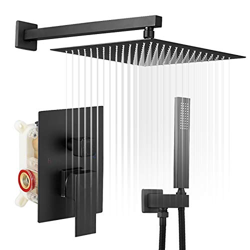 Black Shower System 12 Inches Brass Bathroom Luxury Rain Mixer Shower Combo Set Wall Mounted Rainfall Shower Head System Shower Faucet Rough-in Valve Body and Trim Included