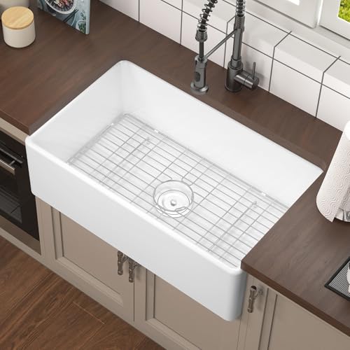 KARAMAG 33 Inch Classic Farmhouse Sink, White Fireclay Apron Front