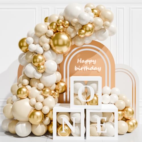 Boîtes à ballons pour décorations de baby shower,3 boîtes transparentes contenant des ballons Gold Beige Et ONE Lettre,Balloons,pour Fête Filles Garçons Anniversaire Decoration Mariage Bébé Douche