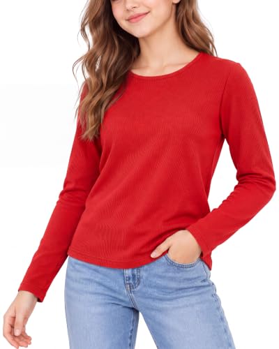 Image of Arshiner Girls Long Sleeve Ribbed Top Crew Neck Fitted T-Shirt Red