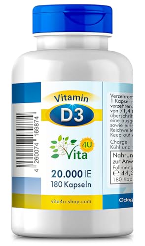 Vitamin D3 20000 IE Depot | 180 vegane Premium-Kapseln | vegan & hochdosiert | 20-Tage-Dosis Vitamin D3 | frei von Zusatzstoffen & Gentechnik
