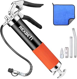 REXBETI Grease Gun, Pistol Grip Grease Gun Set with 18 Inch Flex Hose, Heavy Duty Steel Barrel, 2 Reinforced Coupler Included