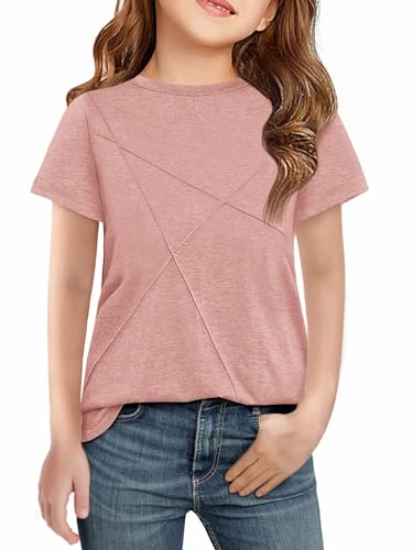 Haloumoning Girls Short Sleeve T Shirts Kids Summer Fashion Pleated Crewneck Tops Tees 5-14 Years