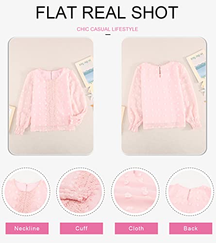 Dokotoo Girls 2021 Cute Round Neck Ruffle Long Sleeve Princess T Shirts Solid Color Lace Crochet Pom Pom Loose Soft Chiffon Boho Blouses For Teen Girl Tunic Tops Size 8-9 Pink #TOP3