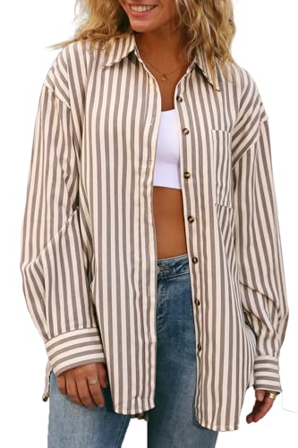 CHYRII Womens Striped Button Down Shirt Casual Long Sleeve Blouse Top