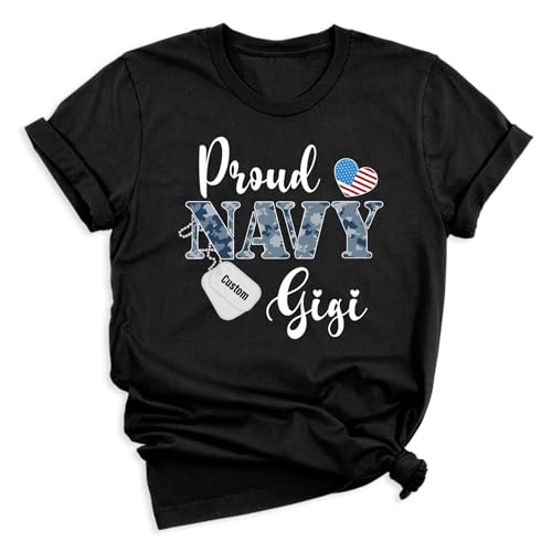 Customizable Proud Military Family T-Shirts, Personalized Army Marine Navy Air Force Mom Dad and Relatives with Dog Tag Print, Boot Camp Graduation Gifts3