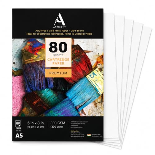 Image of ArtRight Artists' Sketching Paper (A5 Pack of 80 Sheets, 300 GSM); Handmade Cartridge Mixed Media Sheets of 300GSM for Pencil, Charcoal and Ink Media