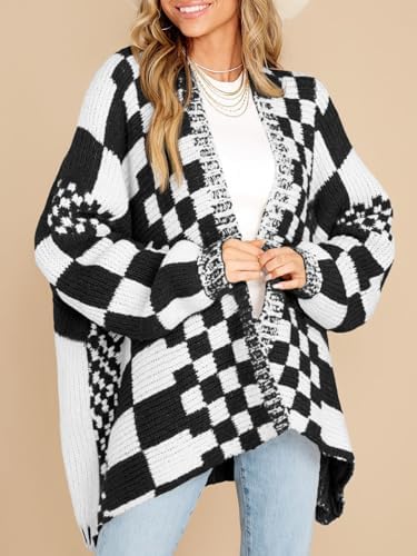 Saodimallsu Womens Checkered Sweater Color Block Plaid Cardigans Oversized Long Sleeve Knit Open Front Coats
