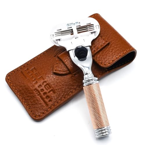 Parker Women’s Travel Razor – Compatible with Gillette® Venus® Cartridges – Compact 3‑Blade Razor with Rose‑Gold Chrome Brass Handle & Buffalo Leather Travel Case