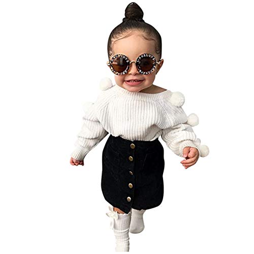 Autumn Winter Baby Girl Outfit Clothes Toddler Kids Hairball Long Sleeve Warm Sweater Tops Knitwear Button Mini Skirt (White, 5-6 Years)