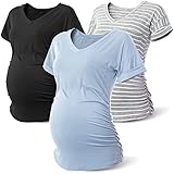 Rnxrbb Women Maternity Shirts Summer Tops Pregnancy Clothes Short Sleeve V Neck 3 Pack Tshirt,Stripe Black Blue M