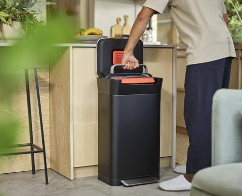 Joseph Joseph Intelligent Waste Titan Trash Can Compactor with Odor Filter, Compacts up to 3X Trash, 30L/7.9 Gallons, Black